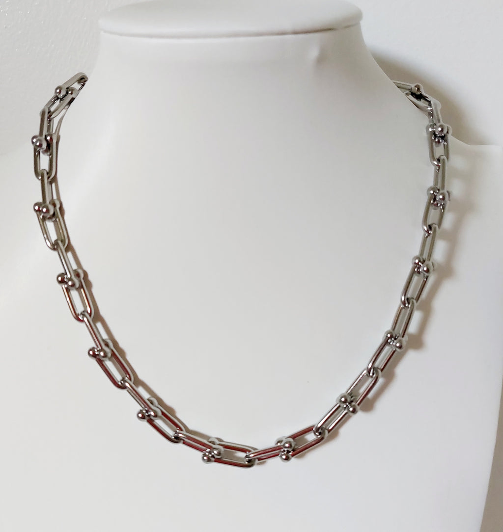 Collana Catena a Maglie Rettangolari con Connettori a Sfera in Acciaio Inossidabile